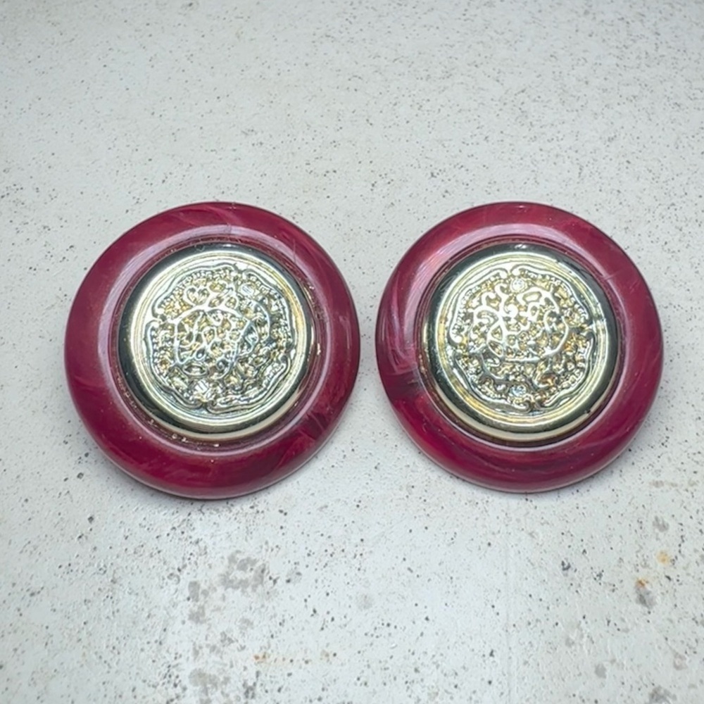 Vintage Red Lucite & Silver Tone Medallion Clip-On Earrings